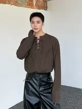 個性的なパッチワークデザイン メンズ長袖カジュアルTシャツ【ストライプ・ドローストリング付き】
