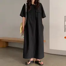 カジュアルなデザインのポケット付き半袖シャツワンピース【春夏用・ゆったりシルエット】