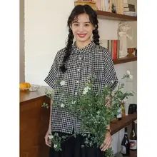 レトロチェック柄のコットンリネン半袖シャツ【夏用・女性用・デザイン性に優れた】