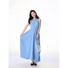 キャミワンピース レディース ノースリーブ ロング丈 ブルー ウエストマーク 着痩せ 通勤 夏 「SHIYIYUE」