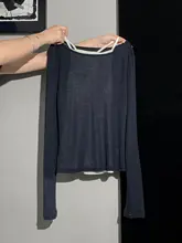 深い青の微透け薄手長袖Tシャツ【スリムフィット・秋のコーディネート・キャミソール付き】（セットアップ対応）