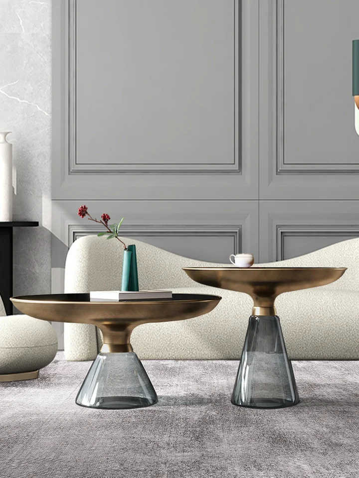 モダンデザインのガラス製金属円形テーブル【グレー・小型・リビング・寝室用】（セットアップ対応）