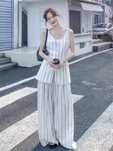 高級感のあるバイカラーストライプのスーツベストとワイドパンツ【春夏・女性用・魅力的なコーディネート】（セットアップ対応）