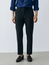 宝ブルーのビジネスカジュアルパンツ【スリムフィット・ハイウエスト・メンズ用】