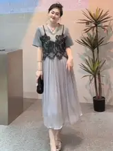 レース切り替えのフレンチスタイルドレス【大きいサイズ・着痩せ効果・夏用】（セットアップ対応）