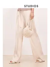 高腰ワイドレッグパンツ【軽やかでしたシルエット・裏地シルク・秋用】