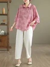 文芸的なレトロ花柄コットンリネン中袖シャツ【夏用・ゆったり・カジュアル・ママ向け】