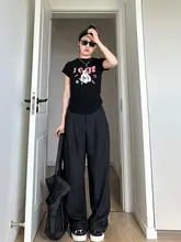 フィットな黒色ワイドレッグパンツ【大きいサイズ・ストレート・カジュアル】（セットアップ対応）