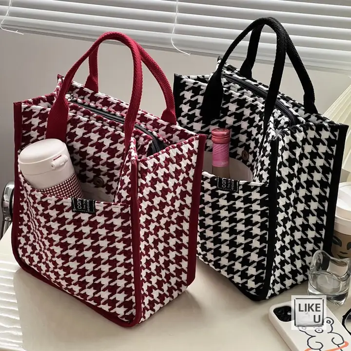 千鳥格デザインの手提げトートバッグ【学生用・お弁当・化粧品収納・キャンバス製】