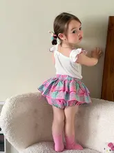 2点セット トップス スカート キッズ ガールズ ポニー柄 チェック柄 パフスリーブ 薄手 キュート 夏