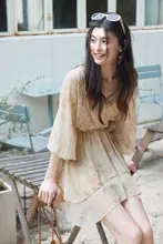 原野花柄シフォンワンピース【Vネック・ウエスト調整・不規則デザイン】（セットアップ対応）