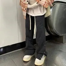 サイドボタンパンツ レディース ストレート マキシ丈 ブラック アメリカン風 カジュアル インスタ映え 秋冬