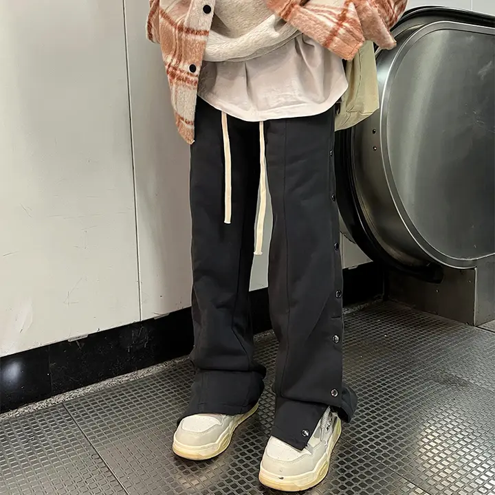 サイドボタンパンツ レディース ストレート マキシ丈 ブラック アメリカン風 カジュアル インスタ映え 秋冬