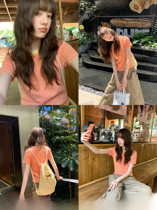 撞色ラウンドネック細ストライプ半袖Tシャツ【レディース・コットン素材・夏用】