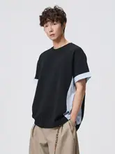 半袖Tシャツ ユニセックス ストライプ パッチワーク バイカラー クルーネック ルーズ アメリカン風 秋 「RHRB」