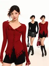 レトロVネックニットカーディガン【女性用・春秋・フィットデザイン・ウエストシェイプ・長袖】