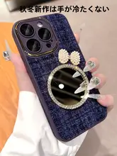 毛布風デザインのミラー付きiPhone用ケース【フルカバー・防落落・手首ストラップ付き】