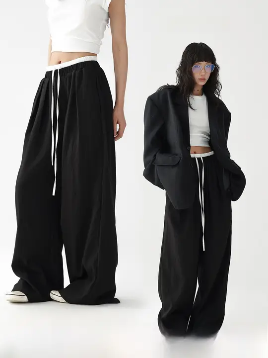 カジュアルなストレートワイドパンツ【ウエストゴム・カラー切り替えデザイン・女性用】