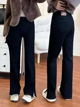 黒色のスリット入りフレアデニムパンツ【ハイウエスト・梨型体型に最適・細身デザイン】