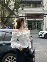 フラワーボウカラーオフショルダー長袖シャツ【春用・タイトフィット・ショート丈】