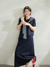 大きいサイズ レディース 夏用カジュアル 体型カバー Tシャツ【短袖・ダークブルー】とハイウエストロングスカート（セットアップ対応）