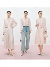 シャネル風 ピンク ショートジャケット 春秋用 女性用 上品なセットアップ