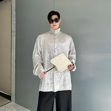 シャツ メンズ チャイナテイスト クレープ加工 スタンドカラー チャイナボタン シルバー