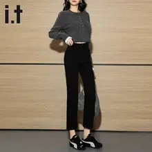 高腰ストレートデニムパンツ【女性用・黒・スリムフィット・九分丈】