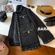 ブラックゴールドウールコート【金属ボタン・ツイード風・春秋用・ゆったりデザイン】