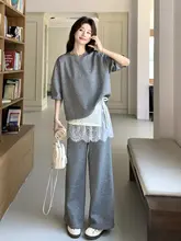 フィット 短袖Tシャツとワイドパンツの夏用セットアップ【レース切替デザイン・女性用】（セットアップ対応）