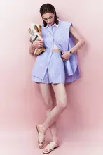 ストライプ柄カラーコンビノースリーブシャツ【ベ shellボタン・涼感・ゆったりサイズ・夏用】（セットアップ対応）