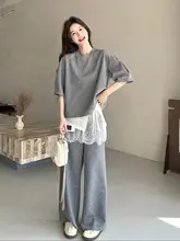 フィット 短袖Tシャツとワイドパンツの夏用セットアップ【レース切替デザイン・女性用】（セットアップ対応）