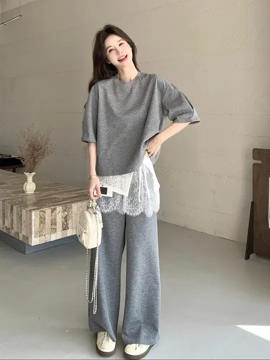 フィット 短袖Tシャツとワイドパンツの夏用セットアップ【レース切替デザイン・女性用】（セットアップ対応）