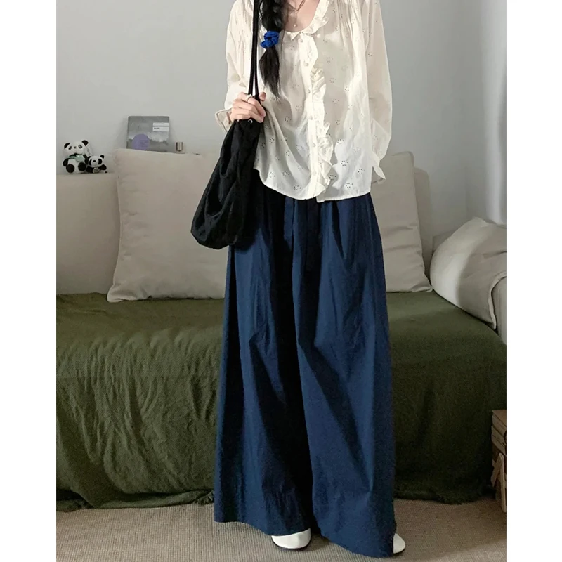 深い紺色のワイドレッグパンツ【大きいサイズ・フィット・カジュアル】（セットアップ対応） ユニクロ コーデ おすすめ