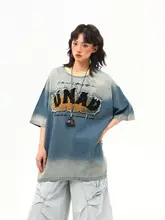 刺繍デザインのヴィンテージ風デニムTシャツ【夏用・女性・短袖】