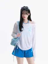 2点セット レディース キャミソール シアートップス 長袖 カラーブロック プリント 透け感 ガーリー リゾート 夏