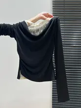 黒のラフネックレース風長袖Tシャツ【女性用・秋冬インナー・フィット】