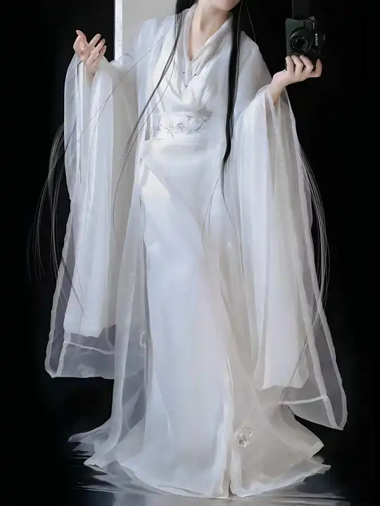 魏晋風の刺繍入り大袖シャツ【二重交差・ストレートヘム・白色・春夏用・古風】