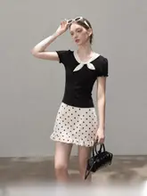 黒のドット柄バタフライリボン付きパフスリーブTシャツ【デザイン性・フィット感】