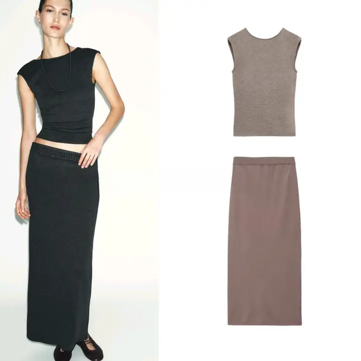 ラウンドネックノースリーブストレートバックオープントップスと中腰ストレッチスカート（セットアップ対応）