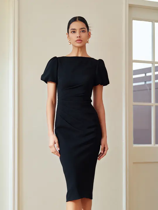 黒のアセテート混紡パフスリーブタイトワンピース【ボートネック】