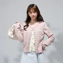可愛らしいストライプ柄のニットカーディガン【女性用・秋用・カラーコントラスト・極上の柔らかさ】（セットアップ対応）