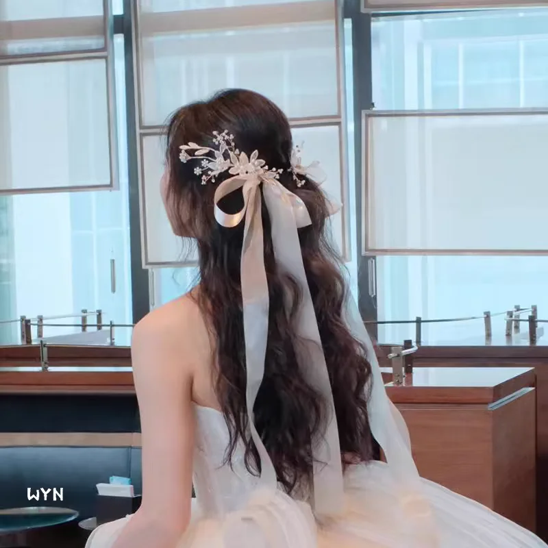 優雅なネットチュールリボンヘアクリップ【結婚式用・飾り付き】