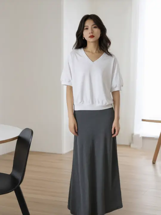 深い灰色の落ち感あるロングスカート【秋冬用・ハイウエスト・アンクル丈・タイトシルエット】