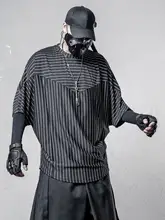 半袖Tシャツ メンズ ストライプ ダーク系 モード系 クルーネック バットウィングスリーブ ビッグシルエット ドレープ 防シワ 夏