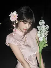 ピンクの牡丹花デザインの流れるタッセル付きヘアアクセサリー【古風・髪飾り・側面ステップロッククリップ】