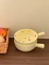 ミルクイエローのカラフルドット陶器片手ボウル【フルーツ・スープ用・家庭用】