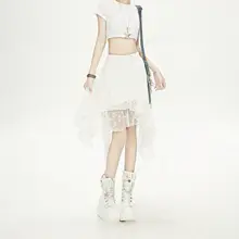 不規則な裾デザインの白いレーススカート【夏用・ハン系・細見え・個性的】