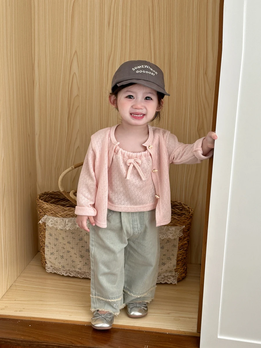 女の子用デニムパンツリボン付きワイドレッグストレート：カットオフデニム2026の代替としての選択肢