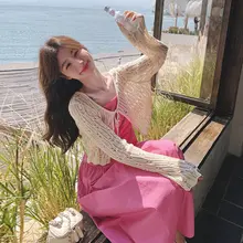ニットカーディガンとキャミソールワンピースセット【春夏用・ビーチリゾートスタイル・2点セット】